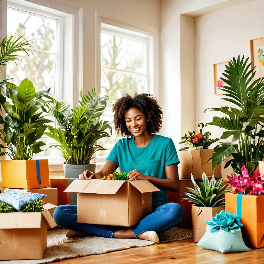 A cheerful customer joyfully unboxing a package in a sunlit room filled with plants and colorful decorations. In the background, a laptop displays a beautiful online shopping site, while social media icons float around showing happy customer reviews. Emphasize warm colors and a feeling of satisfaction and ease in the shopping experience. playful illustration. vibrant colors. cozy atmosphere. 3D.
