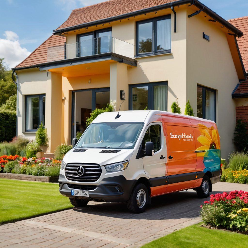 A sleek delivery van parked in front of a modern home, with a delivery person joyfully handing a beautifully packaged box to a happy customer. Bright, sunny day atmosphere with vibrant flowers in the garden, showcasing a sense of satisfaction. Include subtle hints of technology like a smartphone displaying a tracking app in the customer's hand. super-realistic. vibrant colors. bright background.